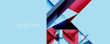 Soyut geometrik bileşim. Mavi arka plan üst üste binen şekiller, gradyanlar, kırmızı aksanlar. Dijital projeler veya yazdırma ortamı için modern tasarım ögesi.