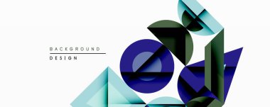 Soyut geometrik şekiller örtüşür, dinamik bileşim yaratır. Mavi, yeşil renkler tasarıma hakim. Minimalist stil modern estetik, temiz bir sunum öneriyor.