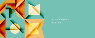 Soyut geometrik şekiller örtüşür, dinamik bileşim yaratır. Sıcak renkler serin deniz mavisi arkaplanını karşılar. Dijital projeler için modern tasarım ögesi.