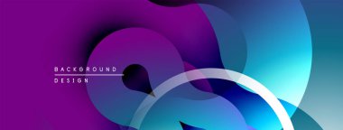Soyut sıvı şekilleri örtüşür, parlak mor ve mavi renkler yaratır. Modern tasarım elementleri dinamik hareketi, pürüzsüz geçişleri önerir.