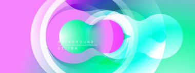 Soyut enerjik tasarım. Üst üste binen daireler akışkan, renkli eğimler yaratır. Modern estetik, dijital projeler için mükemmel bir zemin.