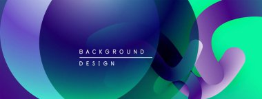 Soyut sıvı şekilleri canlı mor, mavi ve yeşil renkleri harmanlar. Modern tasarım dinamik görsel deneyim yaratır.