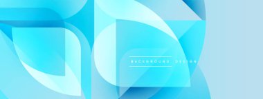 Soyut mavi şekiller örtüşür, dinamik görsel efekt yaratır. Modern tasarım elementleri teknoloji ve yenilik öneriyor. Işık eğimleri derinliği arttırır.
