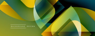 Soyut geometrik şekiller örtüşüyor, canlı renk eğimleri yaratıyor. Yeşil, sarı, mavi renkler tasarımda baskın. Modern estetik.