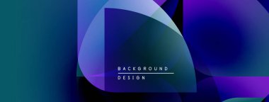 Soyut arkaplan parlak mavi, mor renkler içerir. Üst üste binen şekiller modern tasarım yaratır, metin arka plan tasarımı okur.