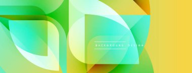 Soyut geometrik şekiller çakışıyor. Renkler karışık, yeşil, turkuaz renkler. Modern tasarım dinamik, taze ve canlı hissettiriyor..