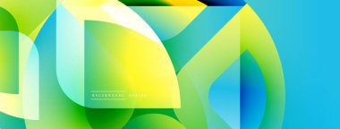 Soyut enerjik tasarım. Yumuşak eğimler yeşil, sarı ve mavi renkleri harmanlıyor. Geometrik şekiller dinamik görsel efekt oluşturur.