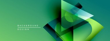 Soyut geometrik şekiller örtüşür, canlı yeşil gradyan arkaplan oluşturur. Modern tasarım elementleri yenilik ve teknoloji öneriyor.