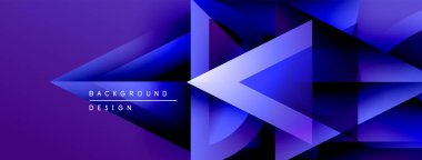 Soyut geometrik tasarım. Mor, mavi gradyanlar dinamik üçgen şekiller oluşturur. Dijital projeler için modern arkaplan.