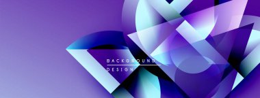 Soyut geometrik şekiller örtüşüyor, canlı mor ve mavi renkler yaratıyor. Modern tasarım elementleri dinamik hareket, görsel ilgi.