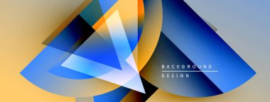 Soyut geometrik şekiller örtüşüyor, canlı renk eğimleri yaratıyor. Tasarım mavi, turuncu, sarı renklere sahiptir. Minimalist metin mevcut.