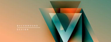 Soyut geometrik tasarım üst üste binen üçgenler. Renkler turuncu, mavi, kahverengi karışımı modern görsel efekt yaratır. Metin arkaplan tasarımı okur.