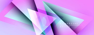 Soyut geometrik şekiller örtüşüyor, canlı mor, pembe, gök mavisi renkleri oluşturuyor. Modern tasarım elementleri dinamik görsel deneyim önerir.