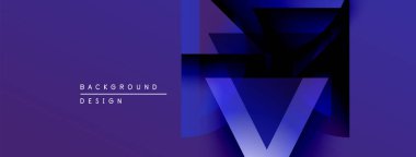 Soyut mor tasarım katmanlı geometrik şekiller içerir. V harfi belirgin, modern estetik, koyu arkaplan karşıtlık yaratır.