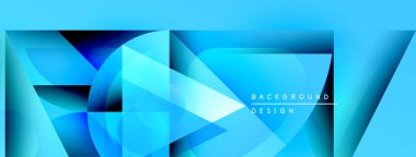 Soyut geometrik şekiller, canlı mavi renkler, modern tasarım. Arkaplan özellikleri katmanlı çokgenler, dinamik görsel efekt oluşturur.