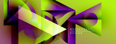 Soyut geometrik şekiller örtüşüyor, canlı renk eğimleri yaratıyor. Sarı, mor, siyah baskın kompozisyon. Modern tasarım ögesi.