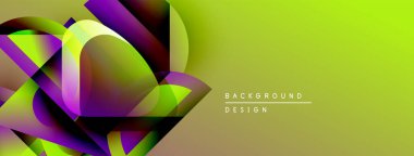 Soyut geometrik şekiller örtüşüyor, canlı yeşil, mor renkler yaratıyor. Arkaplan ve sunumlar için modern tasarım ögesi.