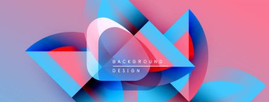 Soyut geometrik şekiller örtüşüyor, canlı renk eğimleri yaratıyor. Pembe, mavi, mor renkler kompozisyona hakim. Modern tasarım ögesi.