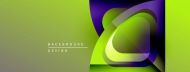 Soyut tasarım katmanlı kıvrımlar, canlı yeşil renkler, mor aksanlar içerir. Arka planlar ve sunumlar için modern estetik.