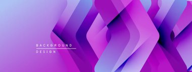 Soyut mor arkaplan katmanlı geometrik şekiller içerir. Gradyan renkler dinamik görsel doku oluşturur, modern tasarım ögesi.