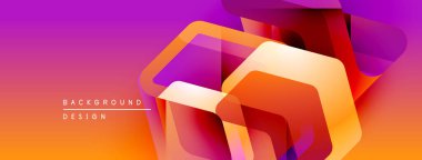 Soyut geometrik şekiller örtüşür, canlı bir değişim etkisi yaratır. Turuncu, pembe, mor renkler kompozisyona hakim. Modern tasarım ögesi.