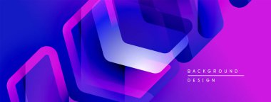 Soyut geometrik şekiller örtüşüyor, canlı mor ve mavi renkler yaratıyor. Modern tasarım teknoloji, yenilik ve enerji öneriyor.