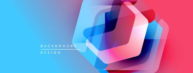 Soyut geometrik şekiller çakışıyor ve canlı bir mavi çizim gradyanı yaratıyor. Modern tasarım elementleri teknoloji, yenilik, dinamizm öneriyor.