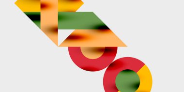 Soyut bileşim, üst üste binen geometrik şekiller içerir. Renkler sarı, kırmızı, yeşil, turuncu. Minimalist tasarım, temiz arkaplan.