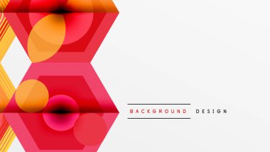 Soyut geometrik tasarım. Kırmızı, turuncu renkler baskın. Altıgenler üst üste binerek dinamik görsel efekt yaratır. Temiz beyaz alan dengesi bileşimi.
