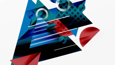 Soyut geometrik bileşim. Mavi, kırmızı, deniz mavisi şekilleri örtüşüyor. Çizgiler dinamik görsel ilgi yaratır. Modern tasarım elemanları.