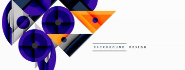 Soyut geometrik şekiller, canlı renkler, modern tasarım. Mavi, turuncu, beyaz elementler dinamik bileşim oluşturur. Minimalist stil.