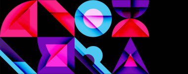 Soyut geometrik şekiller, canlı renkler, dinamik bileşim. Modern tasarım, gradyanlar, üst üste binen formlar görsel ilgi yaratıyor.