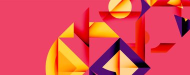 Soyut geometrik bileşim. Canlı turuncu, mor şekiller somon arka planıyla tezat oluşturuyor. Modern tasarım, dinamik açılar görsel ilgi yaratır.