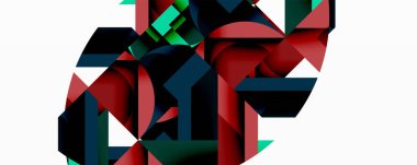 Soyut geometrik şekiller, kırmızı, yeşil, siyah. Minimalist tasarım, keskin açılar, modern estetik. Temiz kompozisyon, dijital illüstrasyon.