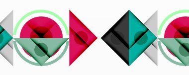 Soyut geometrik şekiller, canlı renkler, modern tasarım. Kompozisyon daireler, kareler, üçgenler, üst üste binen elementler içerir. Minimalist estetik.