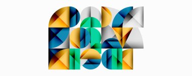 Soyut geometrik bileşim. Şekiller örtüşüyor, dinamik görsel doku oluşturuyor. Renkler arasında mavi, turuncu, yeşil, gri var. Modern tasarım ögesi.