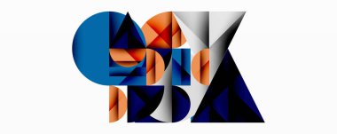 Soyut geometrik bileşim. Şekiller örtüşüyor, dinamik görsel ilgi yaratıyor. Tasarıma mavi, turuncu, gri renkler egemen.