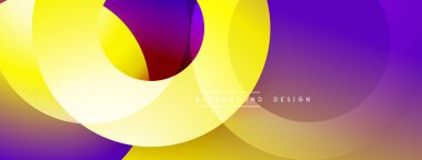 Soyut renkli şekiller örtüşüyor, canlı gradyanlar yaratıyor. Sarı ve mor renkli modern tasarım. Arkaplanda metin ögeleri.