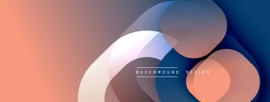 Soyut sıvı şekilleri örtüşür, renk değişimleri yaratır. Şeftali, mavi renkler dizaynın hakimi. Minimalist estetik.