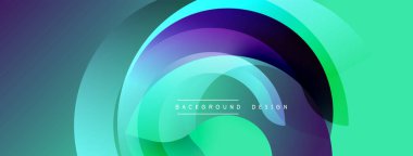 Soyut tasarım katmanlı dairesel şekiller içerir. Renkler mordan canlı yeşile karışıyor. Metin arka plan tasarımı okur. Modern estetik.