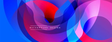 Canlı soyut şekiller örtüşüyor, dinamik renkli arkaplan oluşturuyor. Akışkan formlar mavileri, kırmızıları, morları, pembeleri harmanlıyor. Modern tasarım ögesi.