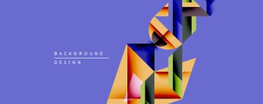 Soyut geometrik bileşim. Üst üste binen kurdeleler dinamik görsel efekt yaratır. Mor arka plan canlı turuncu, yeşil ve pembe elementleri vurgular. Modern tasarım arka planlar için uygun.