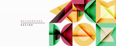 Soyut geometrik şekiller örtüşür, renkli arkaplan oluşturur. Tasarım üçgenler, daireler, katmanlı efektli kareler içeriyor. Modern estetik, temiz çizgiler.