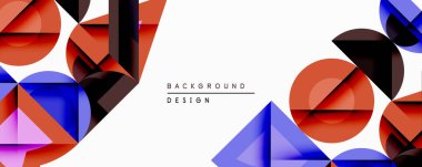 Soyut geometrik bileşim. Üst üste binen daireler, üçgenler dinamik görsel efekt yaratır. Kırmızı, mavi, siyah şekiller beyaz arkaplan ile tezat oluşturuyor. Modern tasarım ögesi.