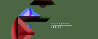 Soyut geometrik şekiller örtüşür, dinamik bileşim yaratır. Renkler arasında kırmızı, mavi, mor, koyu yeşil arka plan var. Modern tasarım ögesi.