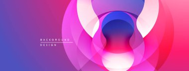 Soyut tasarım, üst üste binen daireler, canlı pembeler, morlar, maviler. Modern estetik, pürüzsüz gradyanlar dinamik görsel etki yaratır.