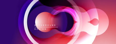 Soyut dairesel tasarım. Üstüste binen yarı şeffaf şekiller canlı gradyanlar yaratır, mor, pembe, kırmızı renkler baskın bileşim. Modern estetik.
