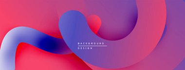 Soyut akışkan şekiller harmanlanır ve canlı gradyanlar oluşturur. Pembe, mor, mavi renkler kompozisyona hakim. Modern tasarım ögesi.