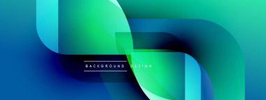 Soyut gradyan şekiller örtüşüyor, dinamik mavi, yeşil bileşim oluşturuyor. Arkaplan ve sunumlar için modern tasarım ögesi.