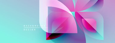 Soyut canlı tasarım, üst üste binen şekiller, gradyanlar. Turkuaz, pembe, mor renkler modern görsel efektler yaratır. Arkaplan metni mevcut.